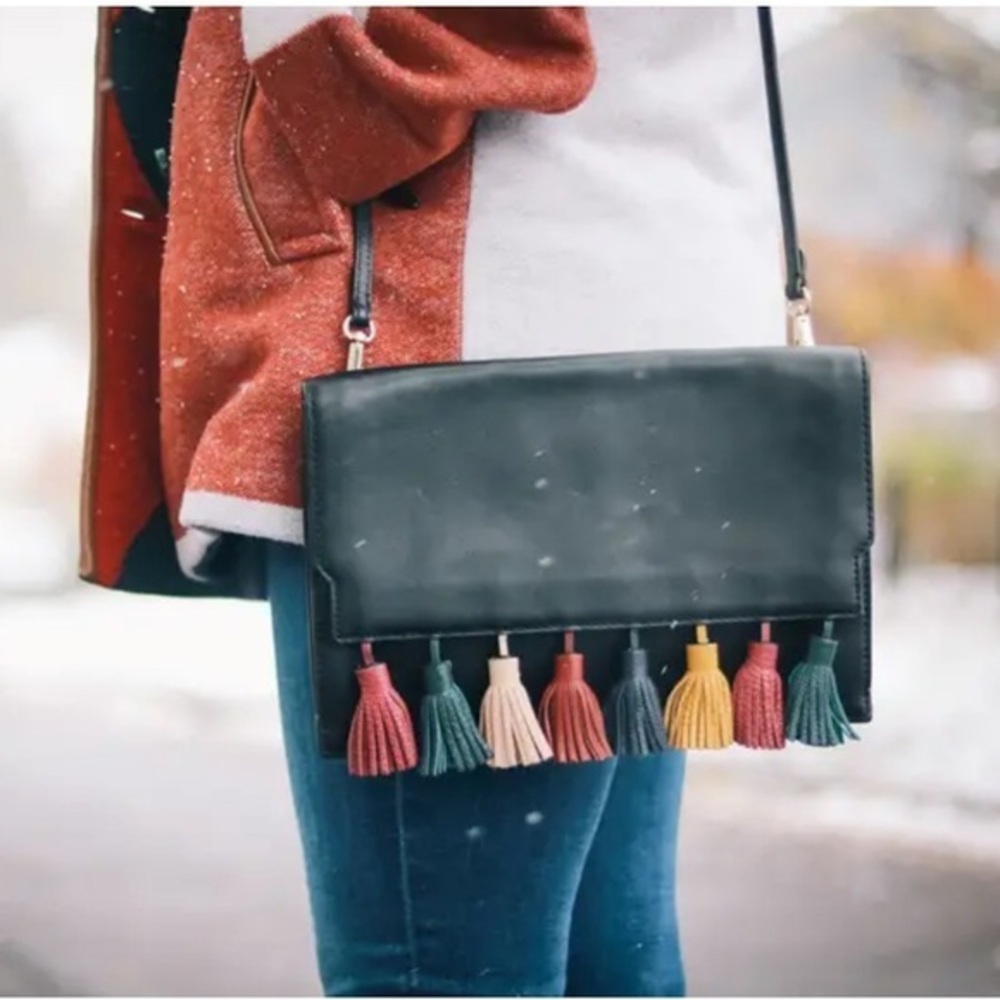 Rebecca Minkoff Black Leather Clutch with Tassel Detail
